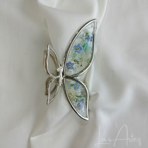 Blue Forget-me-nots & Wildflowers Silver Metal Hair Claw, Large Butterfly Hair Clamp, Terrarium French Hair Clip, Resin Dried Flower