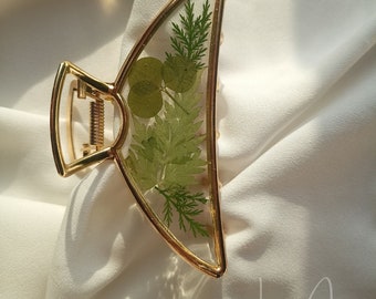 Pressed Green Foliage & Plants Metal Hair Claw, Large Size, Halfmoon French Twist Claw, Bridal Wreath Hair Clip, Leaves Hair Accessories