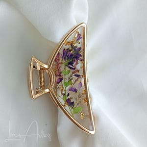 Violet Blush Clover & Oriental Lady Thumb Metal Hair Claw, Wildflower Hairclip, Large Size, Terrarium Halfmoon Claw Clip, Mother Day Gift