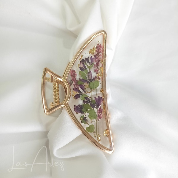 Violet Blush Clover & Oriental Lady Thumb Metal Hair Claw, Wildflower Hairclip, Groot formaat, Terrarium Halfmoon Claw Clip, Moederdagcadeau