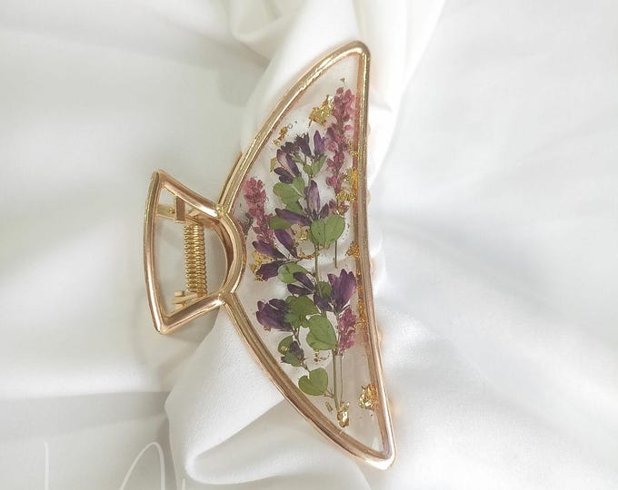 Violet Blush Clover & Oriental Lady Thumb Metal Hair Claw, Wildflower Hairclip, Large Size, Terrarium Halfmoon Claw Clip, Bridesmaid Gift