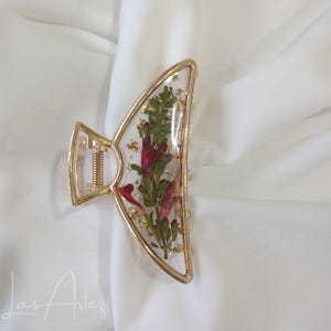 Pressed Red Sage & Wild Plants Gold Metal Hair Claw, Large Size, French Twist Claw, Bridal Wedding Hairclip, Flower Accessories, Mother Gift