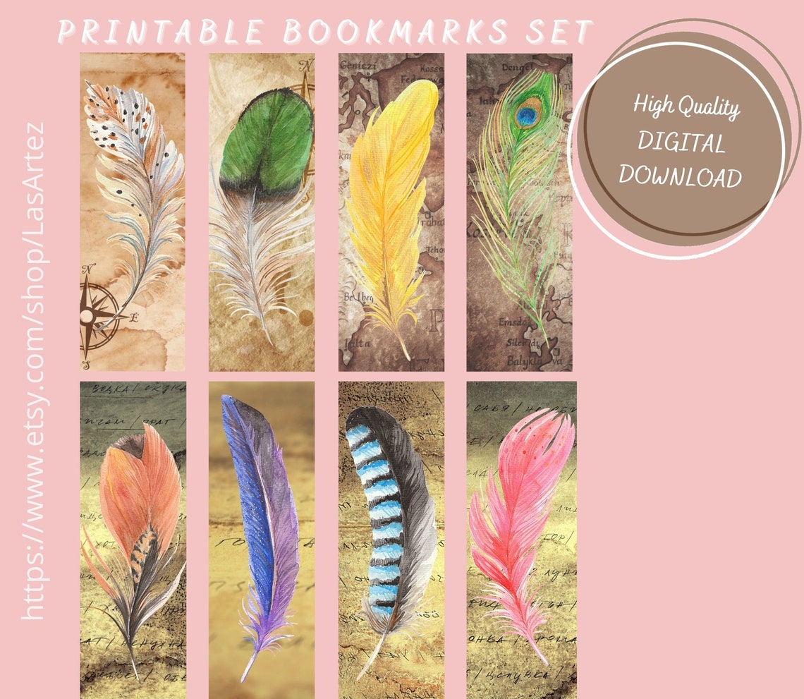 feather watercolor bookmark set 4 printable vintage feather etsy
