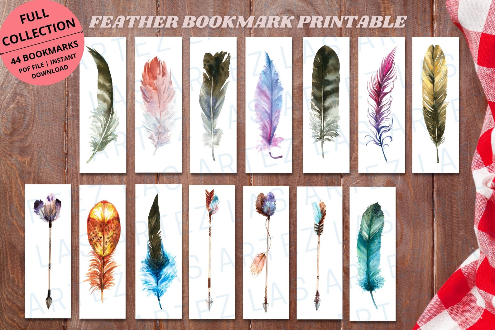 Printable Feather Bookmarks Set of 44 Watercolor Feather Etsy