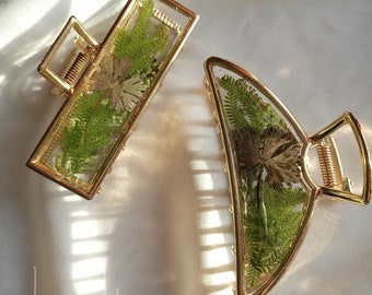 Pressed Wild Plants & Foliage Metal Hair Claw, Large Size, Half Moon French Twist Claw, Terrarium Hair Clip, Green Leaves Hair Accessories