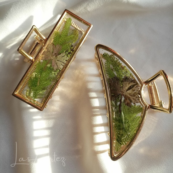 Pressed Wild Plants & Foliage Metal Hair Claw, Large Size, Half Moon French Twist Claw, Terrarium Hair Clip, Green Leaves Hair Accessories