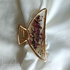 Lila Lavendel & wilde Lupinen Gold Metall Haarkralle, groß, Blumenklauenspange, Terrarium Halbmond Haarspangenzubehör, Muttertagsgeschenk