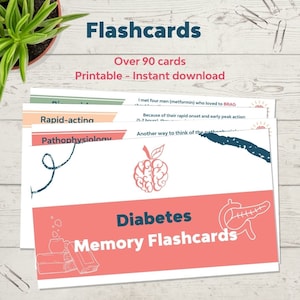 May include: A set of pink and green flashcards with the text "Diabetes Memory Flashcards" and an illustration of a brain and a pancreas. The text "Over 90 cards" and "Printable - Instant download" is also visible.