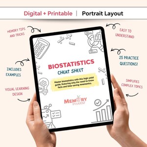 May include: A tablet displaying a "Biostatistics Cheat Sheet" with the text "Digital + Printable" and "Portrait Layout". The sheet includes examples, memory tips, and practice questions. The tablet is held by two hands against a light peach background.