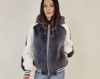 Real mink fur bomber with hood. Colour steel grey-white . Genuine fur.  Warm and lightweight. Luxurious gift for her