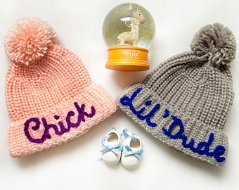 Embroidered Handmade Hat / Matching Hats / Baby Shower Gift / Little Dude Hat / Chick Hat / Pregnancy Announcement