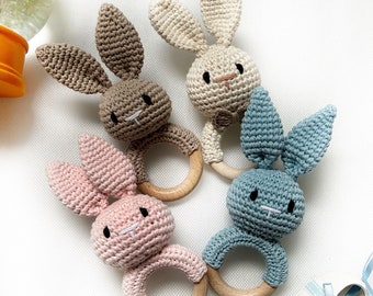 Handmade Baby Rattle / Crochet Rabbit Rattle / Wooden Rattle / Newborn Gift / Baby Shower Gift / Bunny Rattle / Gender Reveal