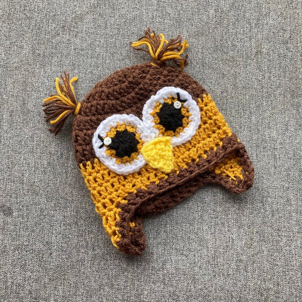 Chapeau hibou / Chapeau hibou doré au crochet / Chapeau au crochet fait à la main / Chapeau pour bébé / Chapeau pour enfant / Hibou au crochet / Chapeau au crochet / Chapeau d’animal / Chapeau de hibou fait à la main