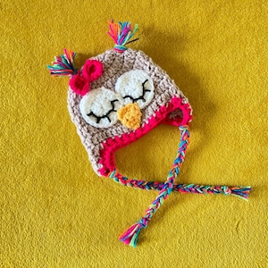 Owl Hat / Crochet Owl Hat / With Ear Flaps and Tassels / Handmade Owl Hat / Baby Hat / Kid’s Hat / Adult Hat / Multicoloured Sleepy Owl Hat