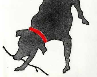 Stick - Collograph - Limited edition, Richard Studer, original, handmade, fine art, wall art, dog, pet portrait