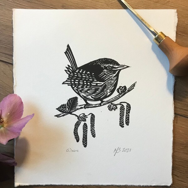 The Wren, original Linocut wren with catkins and hazel detail, bird art, handmade