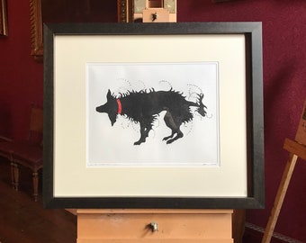Wet Dog Boogie 2020 - Collograph, Limited edition (of 10), original, Richard Studer, Black Dog Series, Handmade, Fine art, wall art