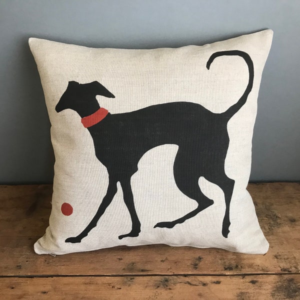 Coussin - Fetch, 40x40cm Cotton Linen Union, design contemporain, Coussin en plumes Deluxe, chien noir