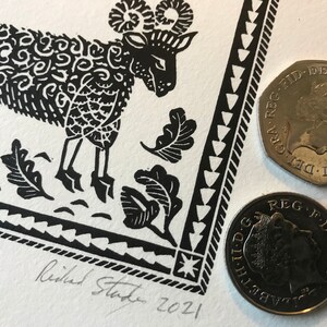The Ram, Aries, Linocut, Print, Wall Art, Limited Edition, Mini print, Richard Studer, Zodiac, Handmade, sheep, oak leaves, acorns image 3