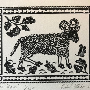 The Ram, Aries, Linocut, Print, Wall Art, Limited Edition, Mini print, Richard Studer, Zodiac, Handmade, sheep, oak leaves, acorns image 2