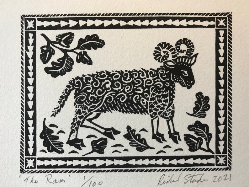The Ram, Aries, Linocut, Print, Wall Art, Limited Edition, Mini print, Richard Studer, Zodiac, Handmade, sheep, oak leaves, acorns image 2