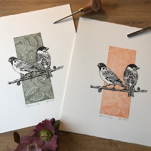 Mussen - Limited edition, Linocut Print, Handgemaakt, Vogelkunst, origineel, botanische kunst, Richard Studer