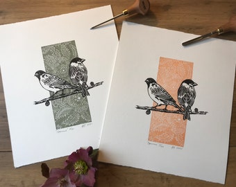 Sparrows - Limited edition, Linocut Print, Handmade, Bird art, original, botanical art, Richard Studer