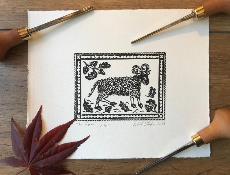 The Ram, Aries, Linocut, Print, Wall Art, Limited Edition, Mini print, Richard Studer, Zodiac, Handmade, sheep, oak leaves, acorns image 1