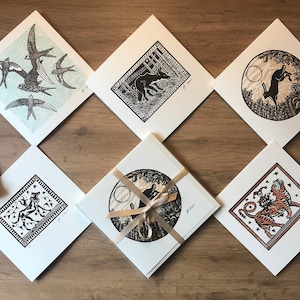 NUEVO - Un bestiario galés - Paquete de regalo, 5 cartas, liebre, tigre, zorro, mono, vencejos, Richard Studer, en blanco por dentro