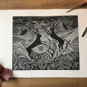 The Boxing Match, Lino cut , Hares, Limited edition