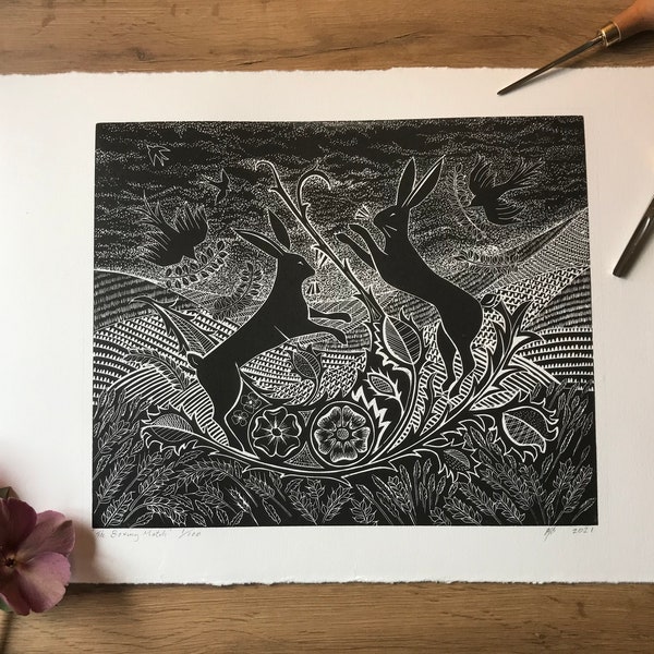 The Boxing Match, Lino cut , Hares, Limited edition