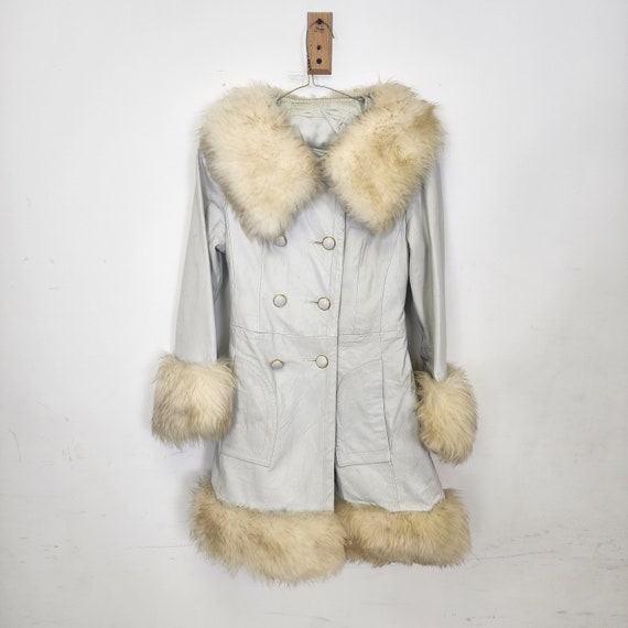 Vintage 1970s Gray Leather Coat With Fur - image 1