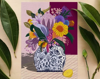 Fiore di protea in vaso messicano, arte murale floreale STAMPABILE