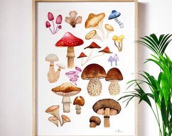 Champignons forestiers, Impression d’art de ma peinture d’art à l’aquarelle, Décoration d’art mural