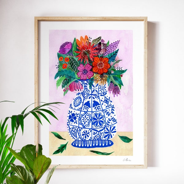 Moderne bloemen, Stilleven, Mexicaanse wanddecoratie, kunstprint van mijn originele aquarel schilderij