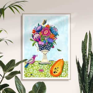 Summer floral with bird, Mexican Art print of my original Watercolor painting image 1