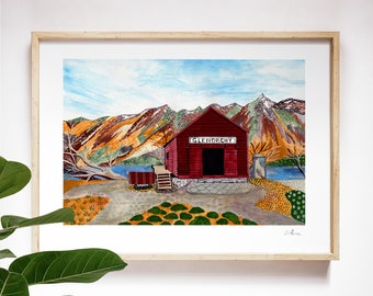 The Red Barn Glenorchy, A4 Art Print of my Original Artwork, Wall Decoration