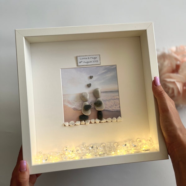 Beach engagement personalised pebble art picture frame gift for couple newly engaged on beach beach setting pebble people she said yes gift
