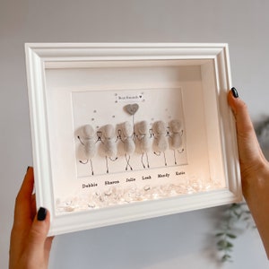 May include: A white framed artwork with pebble figures celebrating. The artwork features the words "Best Friends" and the names Debbie, Sharon, Julie, Leah, Mandy, and Katie. The figures are holding champagne glasses, with a balloon above them.