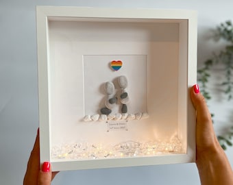 LGBTQ+ engagement personalised pebble art picture frame newly engaged same sex couple lesbian engagement gay engagement gift pride flag