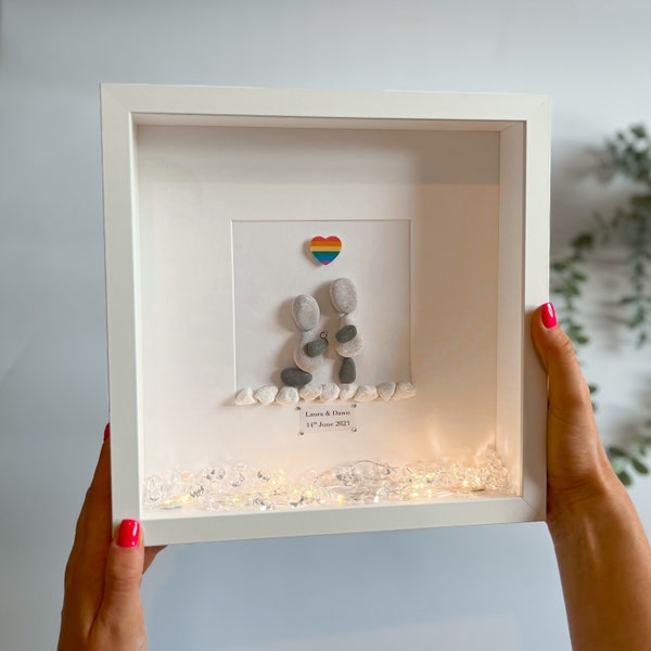 LGBTQ+ engagement personalised pebble art picture frame newly engaged same sex couple lesbian engagement gay engagement gift pride flag