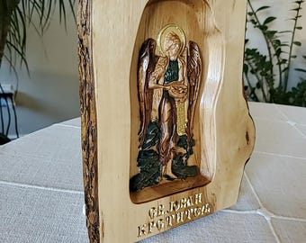 Sveti Jovan Custom maschinell bearbeiteter kyrillischer Heiliger in Live Edge Hornbuchenholz, Heiliger Johannes der Täufer