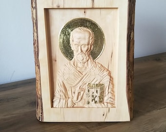Sveti Nikola Custom Machined Orthodox Saint in Live Edge Hornbeam Wood - mini