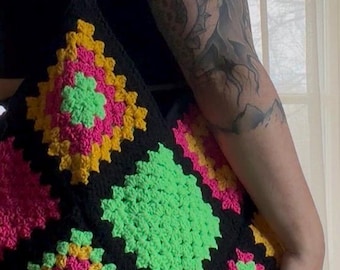 Granny Square Tote Bag | Bold Crochet Shoulder Bag, Retro Statement Purse