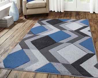 New Blue Silver Grey Rugs Small Large Mats Modern Contemporary Design UK