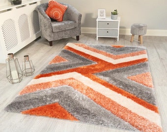 New Silky Soft Orange, Grey, Ivory, Hand Tufted Lines Design Shag Pile Rug