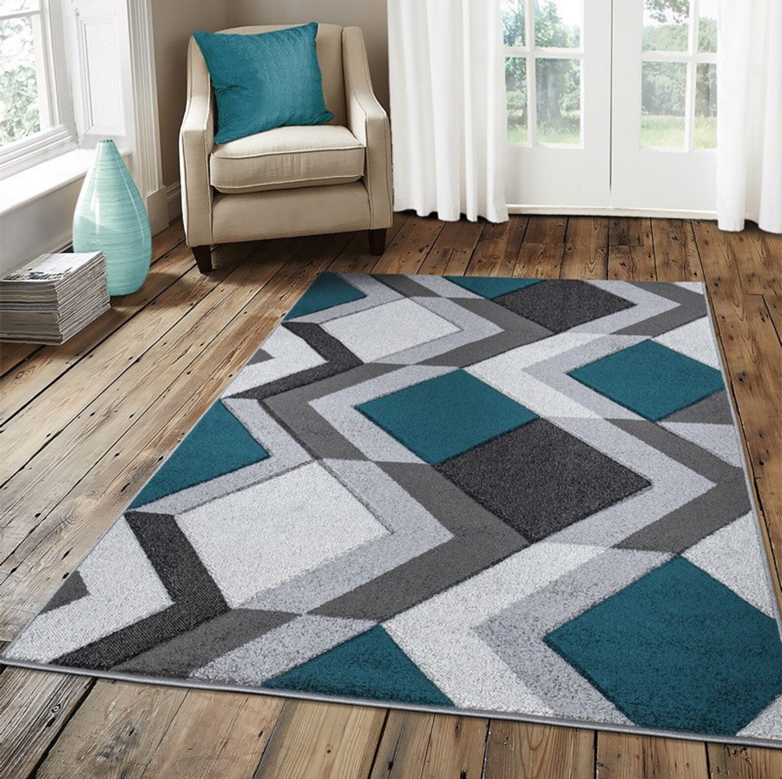 New Dark Teal Jade Silver Grey Rugs Small Large Mats Modern Etsy