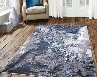 New Modern Navy Blue SIlver Grey Splash Design Rug Colourful Silky Soft Good Quality Floor Area Mats UK