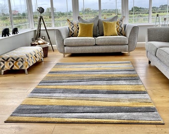 New Small Large Mustard Ochre Silver Grey Wave Design Area Rugs Mats