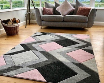 New Blush Pink Silver Grey Rugs Small Large Mats Modern Contemporary Design UK